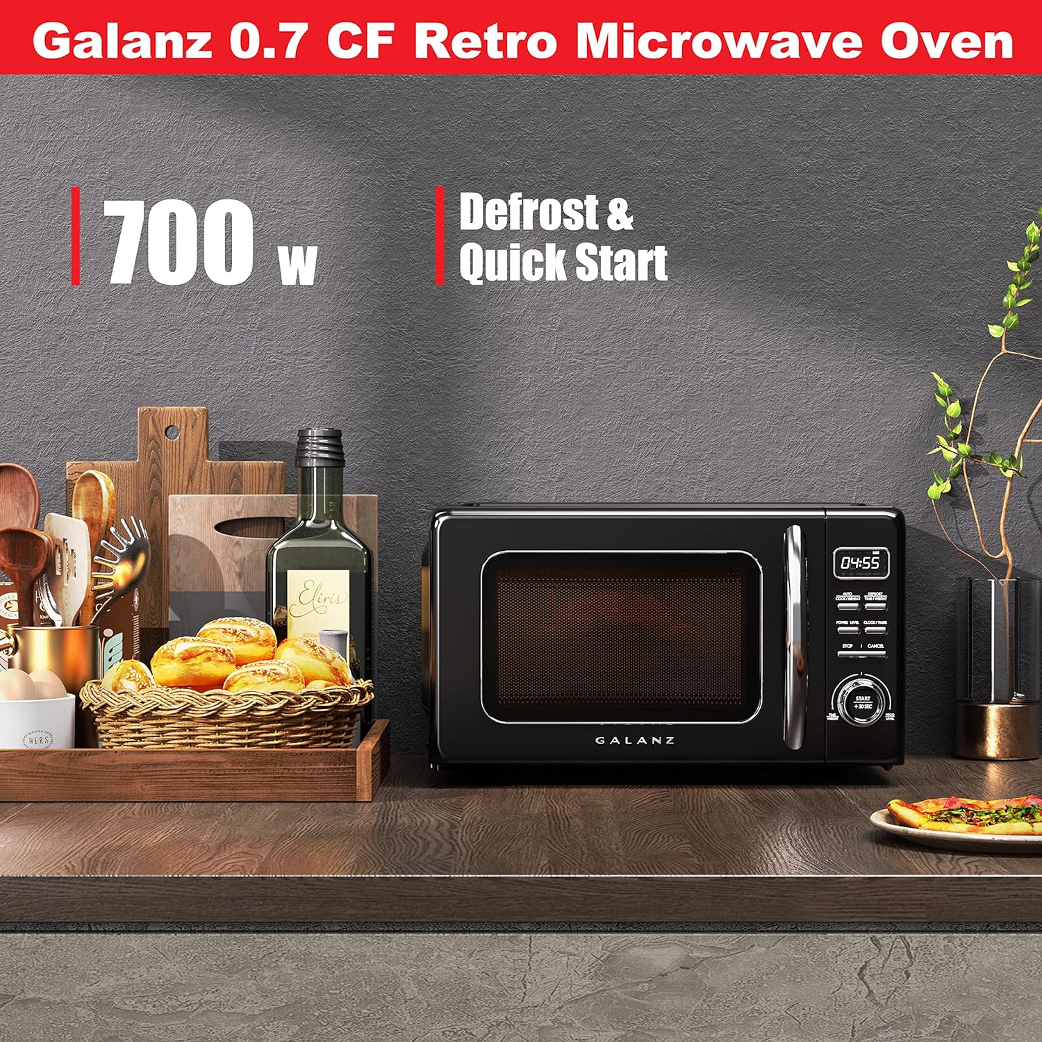 Horno de microondas retro para encimera con cocción automática y recalentamiento, descongelación, funciones de inicio rápido, fácil de limpiar con placa giratoria de vidrio,