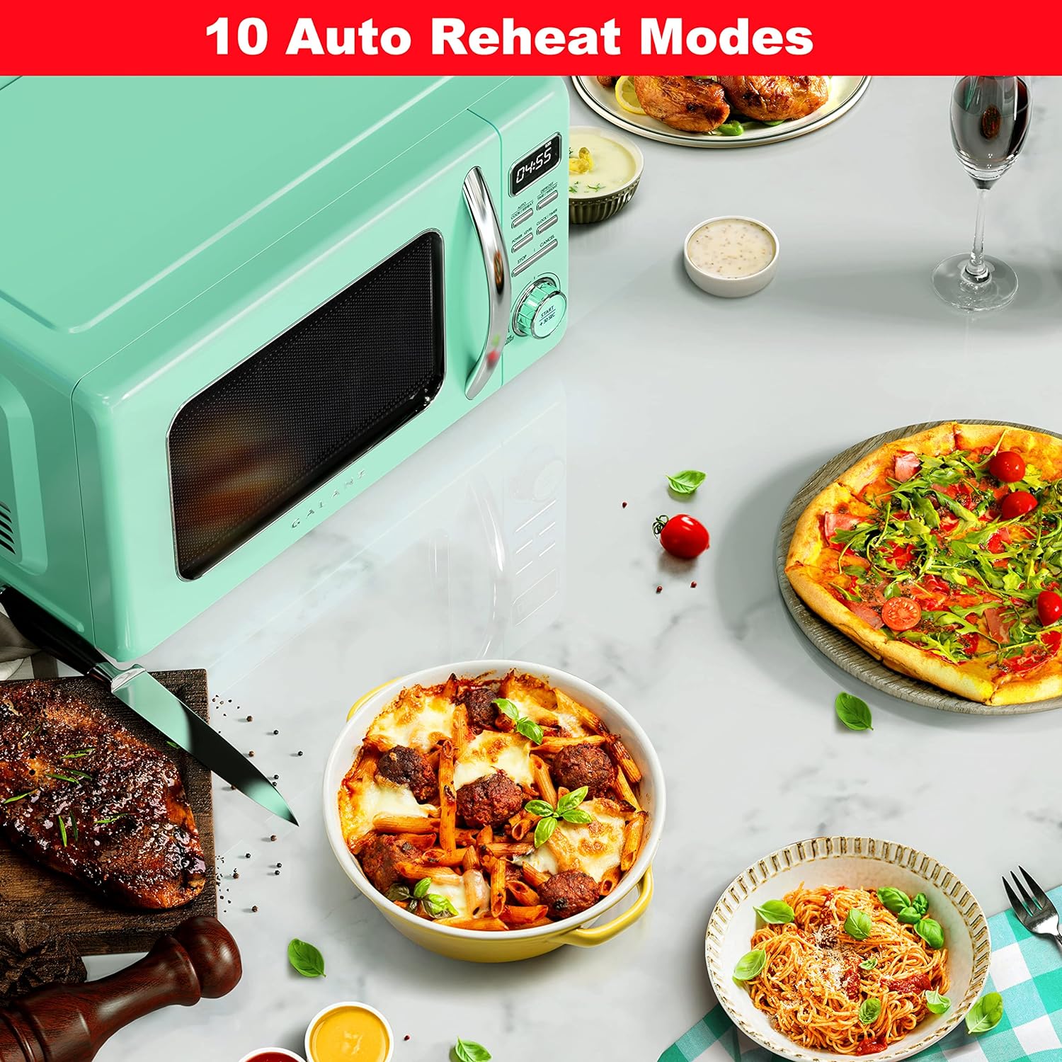 Horno de microondas retro para encimera con cocción automática y recalentamiento, descongelación, funciones de inicio rápido, fácil de limpiar con placa giratoria de vidrio,