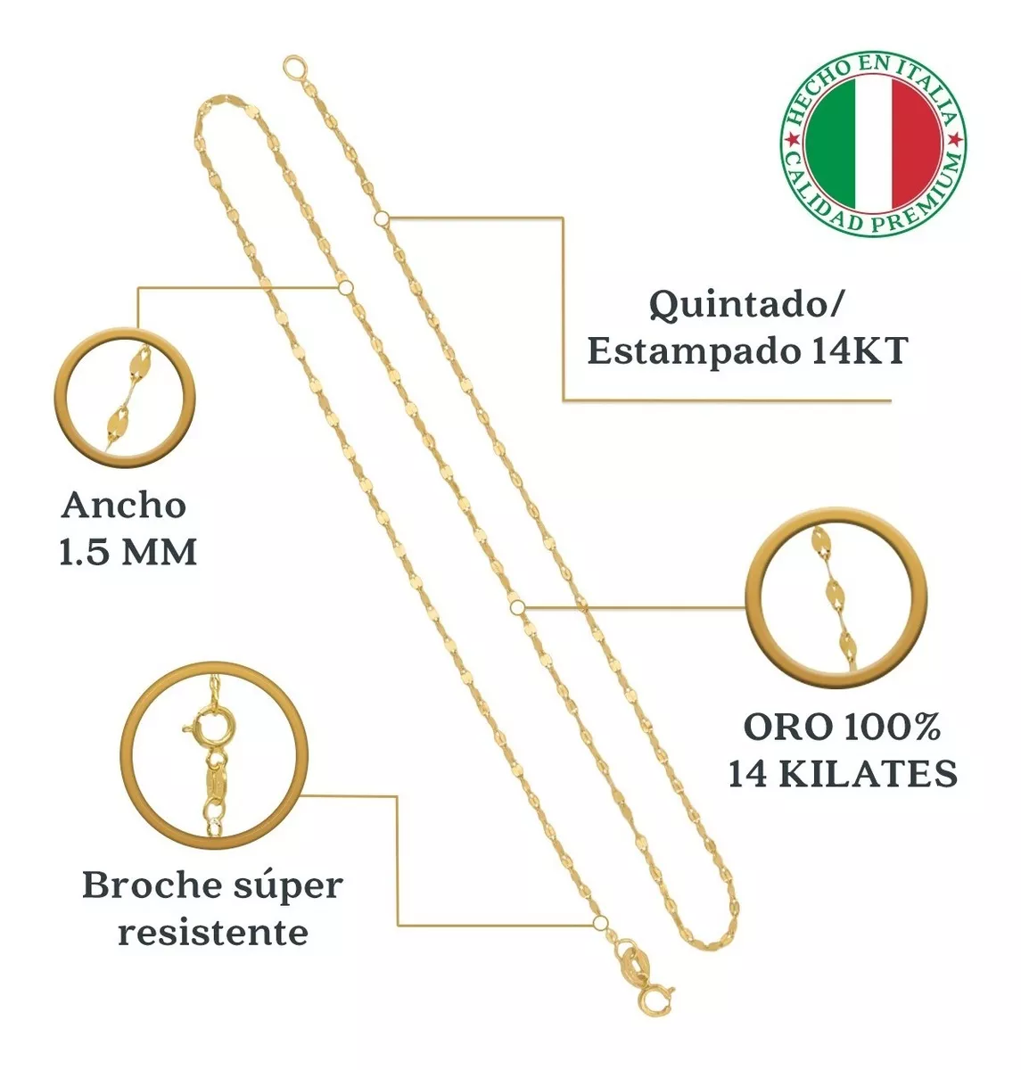 Cadena Oro Solido 14k Grano De Cafe 55cm Italy Mujer Dama