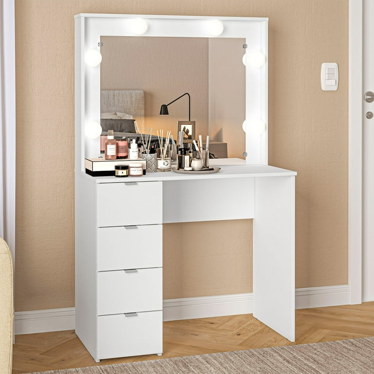 Tocador de Dormitorio de 4 Cajones con Almacenamiento y Espejo Moderno