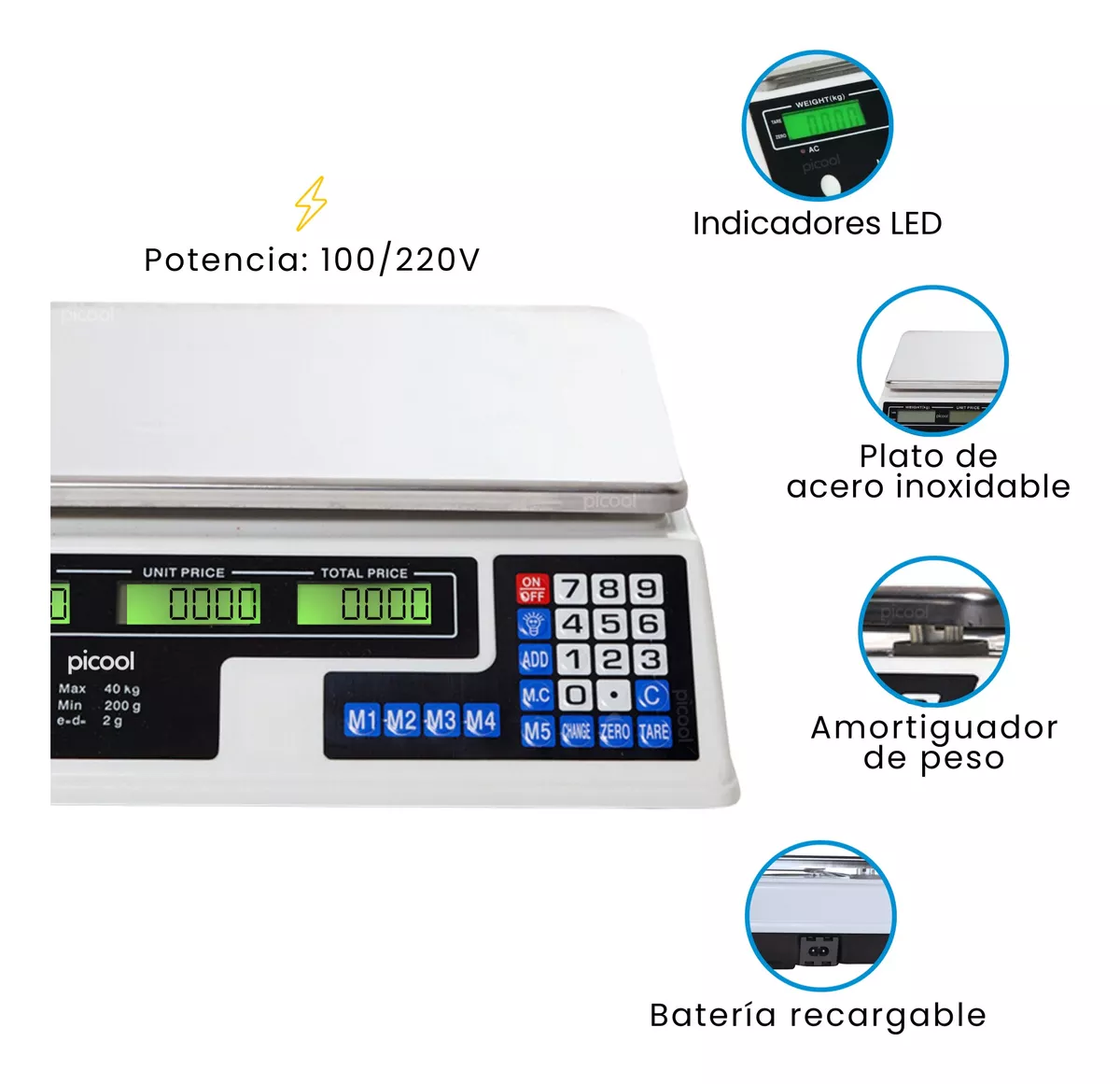 Báscula Comercial Digital 40 Kg Recargable Tecla Tara Picool