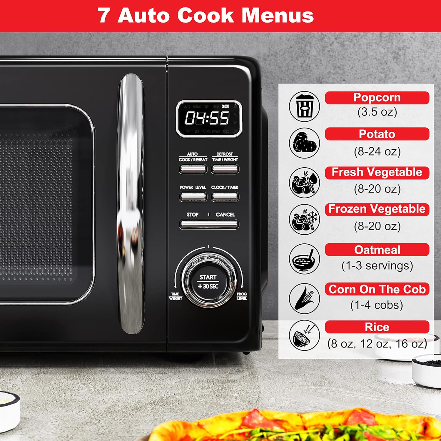 Horno de microondas retro para encimera con cocción automática y recalentamiento, descongelación, funciones de inicio rápido, fácil de limpiar con placa giratoria de vidrio,