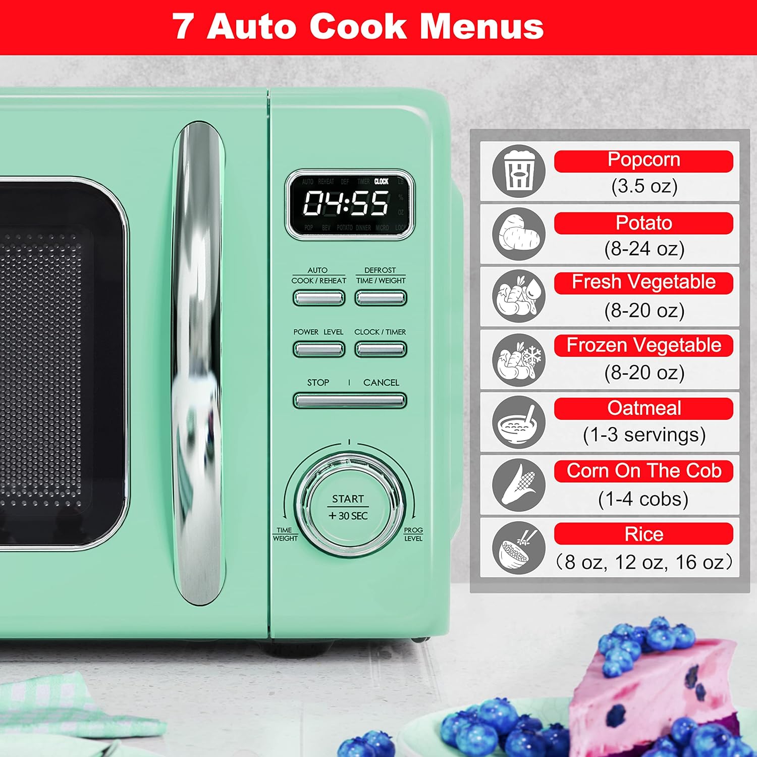 Horno de microondas retro para encimera con cocción automática y recalentamiento, descongelación, funciones de inicio rápido, fácil de limpiar con placa giratoria de vidrio,