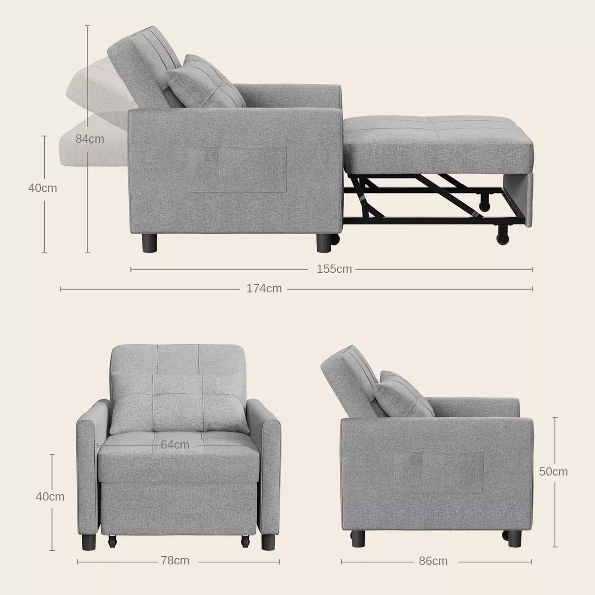 Porik Sofá Cama Sillón Reclinable Convertible 3 En 1