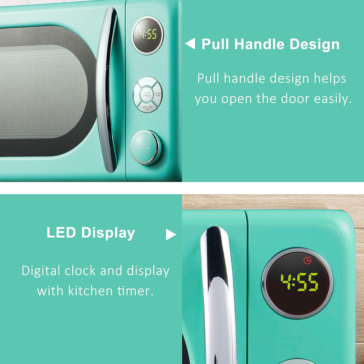 Horno de microondas retro para encimera con cocción automática y recalentamiento, descongelación, funciones de inicio rápido, fácil de limpiar con placa giratoria de vidrio,