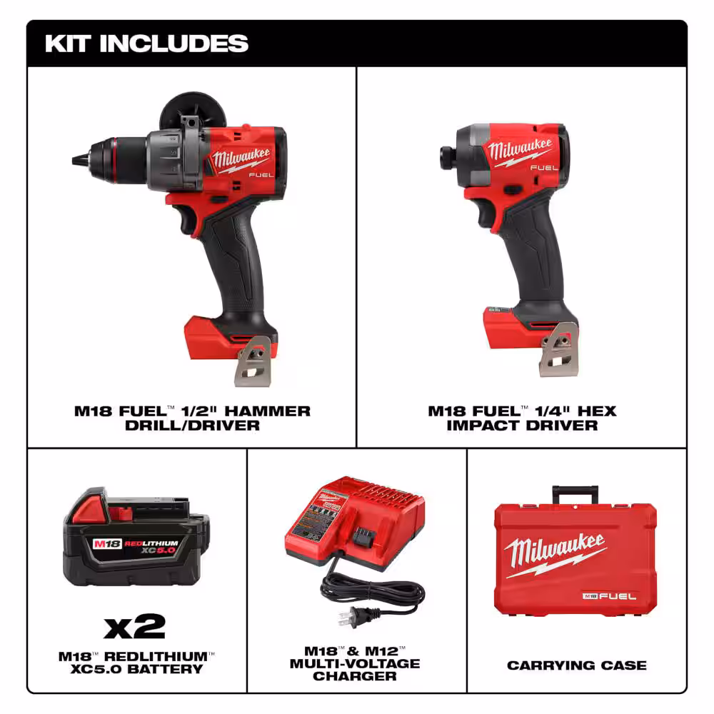 Milwaukee M18 FUEL 18V Lithium-Ion Brushless Cordless Hammer Drill and Impact Driver Combo Kit (2-Tool) with 2 Batteries 3697-22