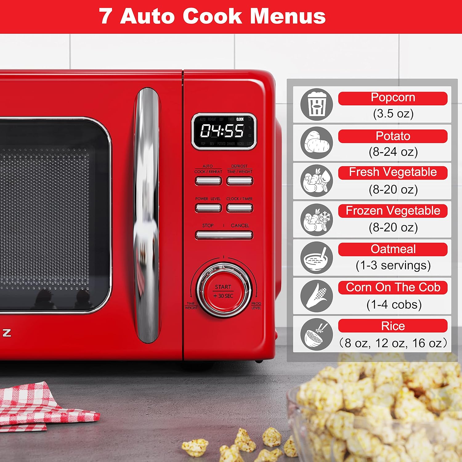 Horno de microondas retro para encimera con cocción automática y recalentamiento, descongelación, funciones de inicio rápido, fácil de limpiar con placa giratoria de vidrio,