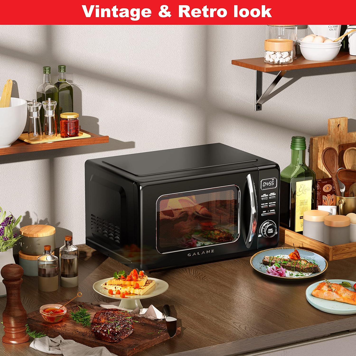 Horno de microondas retro para encimera con cocción automática y recalentamiento, descongelación, funciones de inicio rápido, fácil de limpiar con placa giratoria de vidrio,