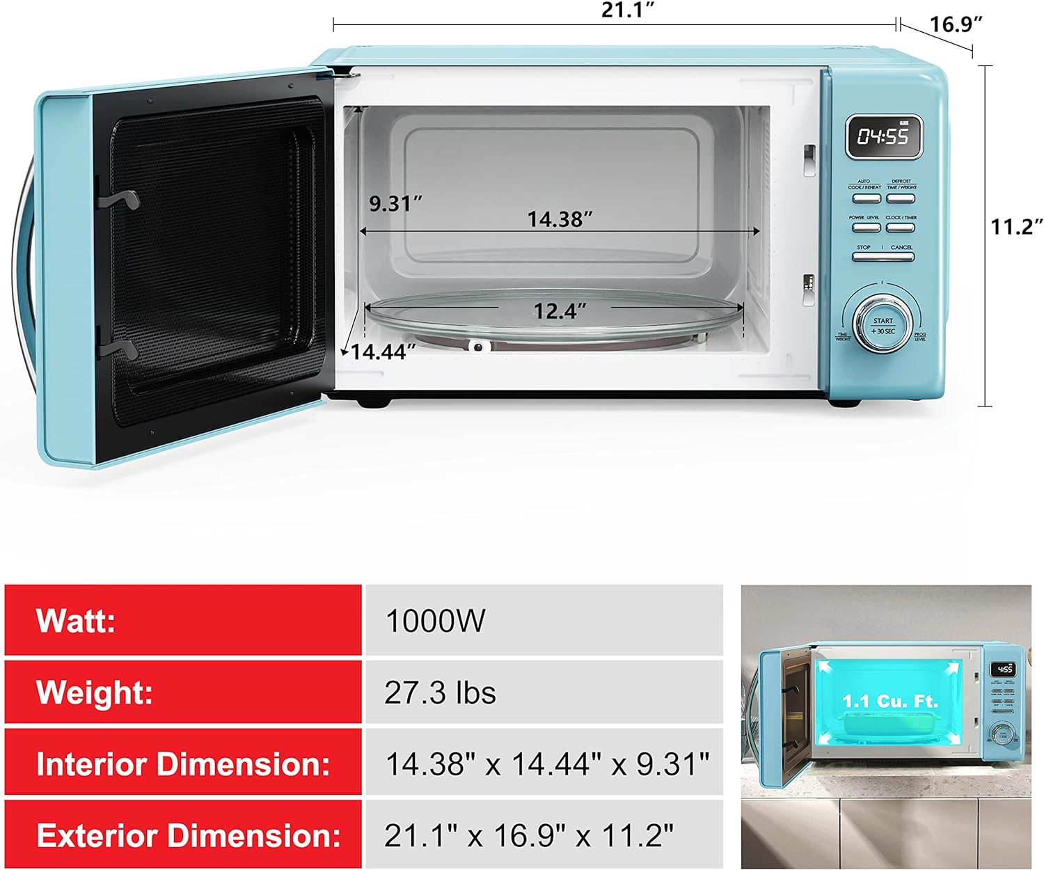 Horno de microondas retro para encimera con cocción automática y recalentamiento, descongelación, funciones de inicio rápido, fácil de limpiar con placa giratoria de vidrio,