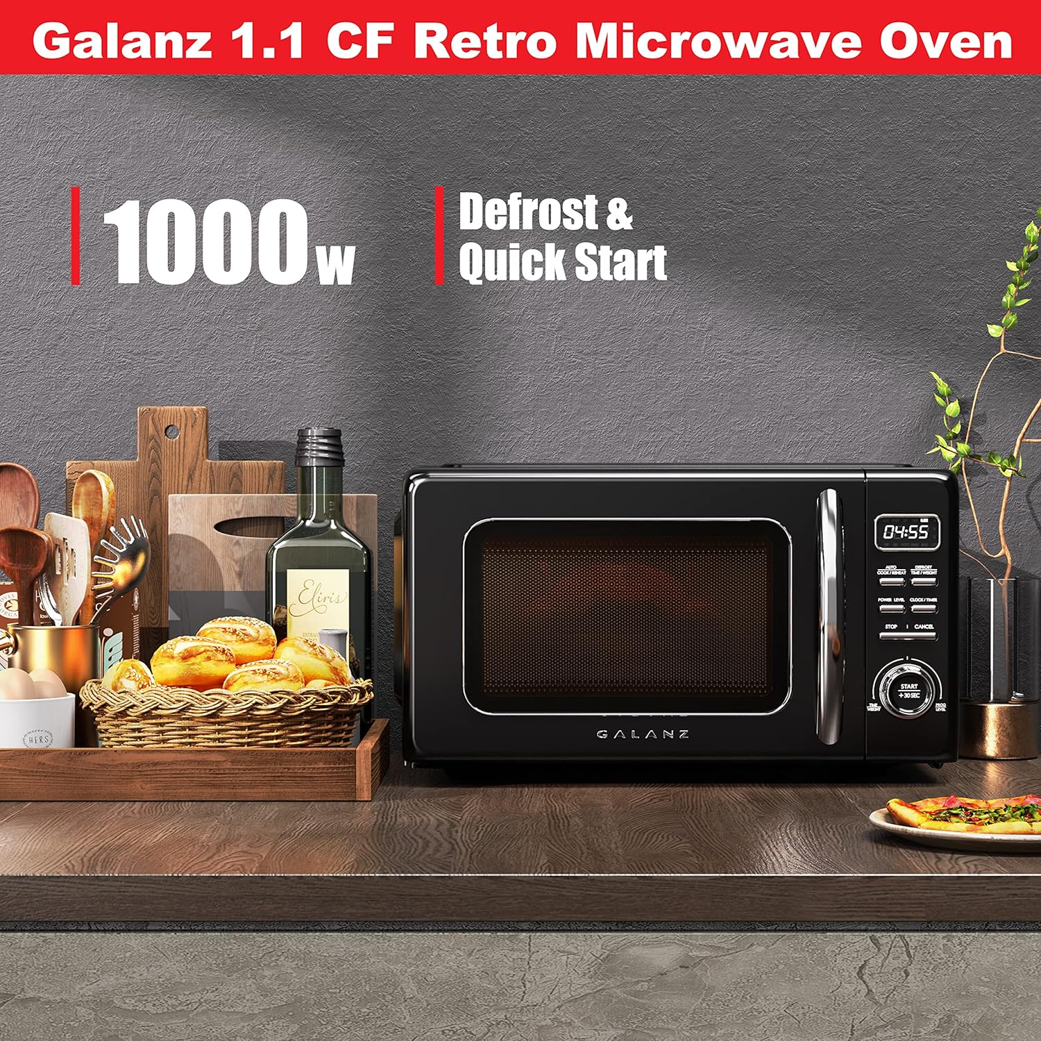 Horno de microondas retro para encimera con cocción automática y recalentamiento, descongelación, funciones de inicio rápido, fácil de limpiar con placa giratoria de vidrio,
