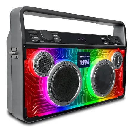 Bocina Portátil Bluethooth Retro 1996 Bt Suspensión De Aire 350w / Usb, Aux, Micro Sd / Broksonic Iluminación Led Kamaleon Ecualización Tonos Agudo Y Grave