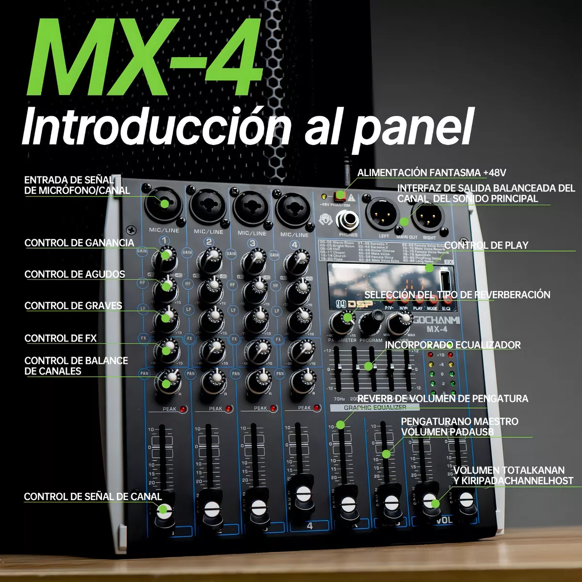 Mezcladora Audio Gc Mx4 Profesional 4 Canales 99 Efectos Dsp