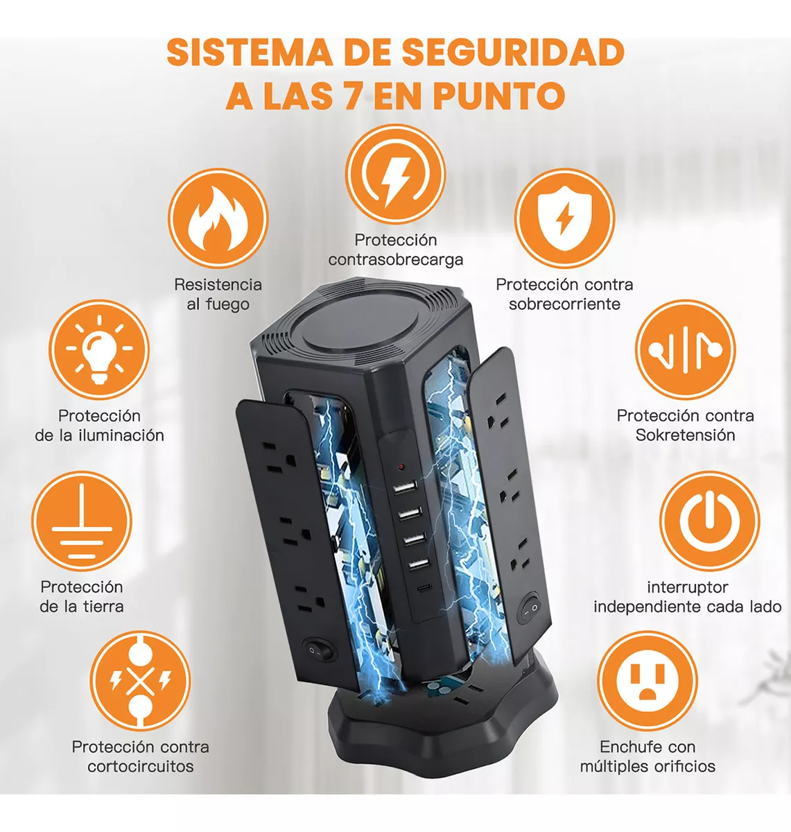 Enchufe Multicontacto Protección Contra Sobrecarga 17 Hoyos Negro