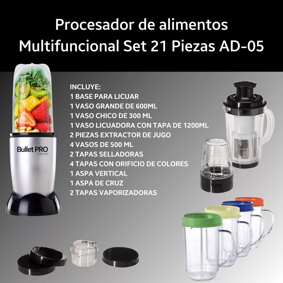Licuadora Procesador De Alimentos Profesional Potentete 350w Bulletpro Nevashel Ad-05 Kit De 21 Piezas Con Tapa Para Llevar, Uso Batir,