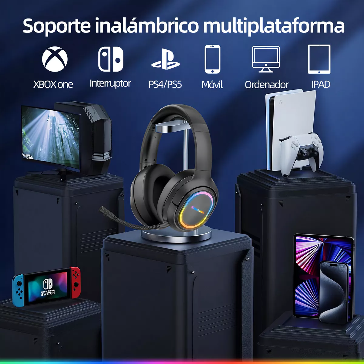 Audífonos Inalámbricos Diadema Bluetooth Gamer Headset KRIOS Bk3 Con Micrófono Luz Led Manos Libres Para Xbox Ps4 Pc