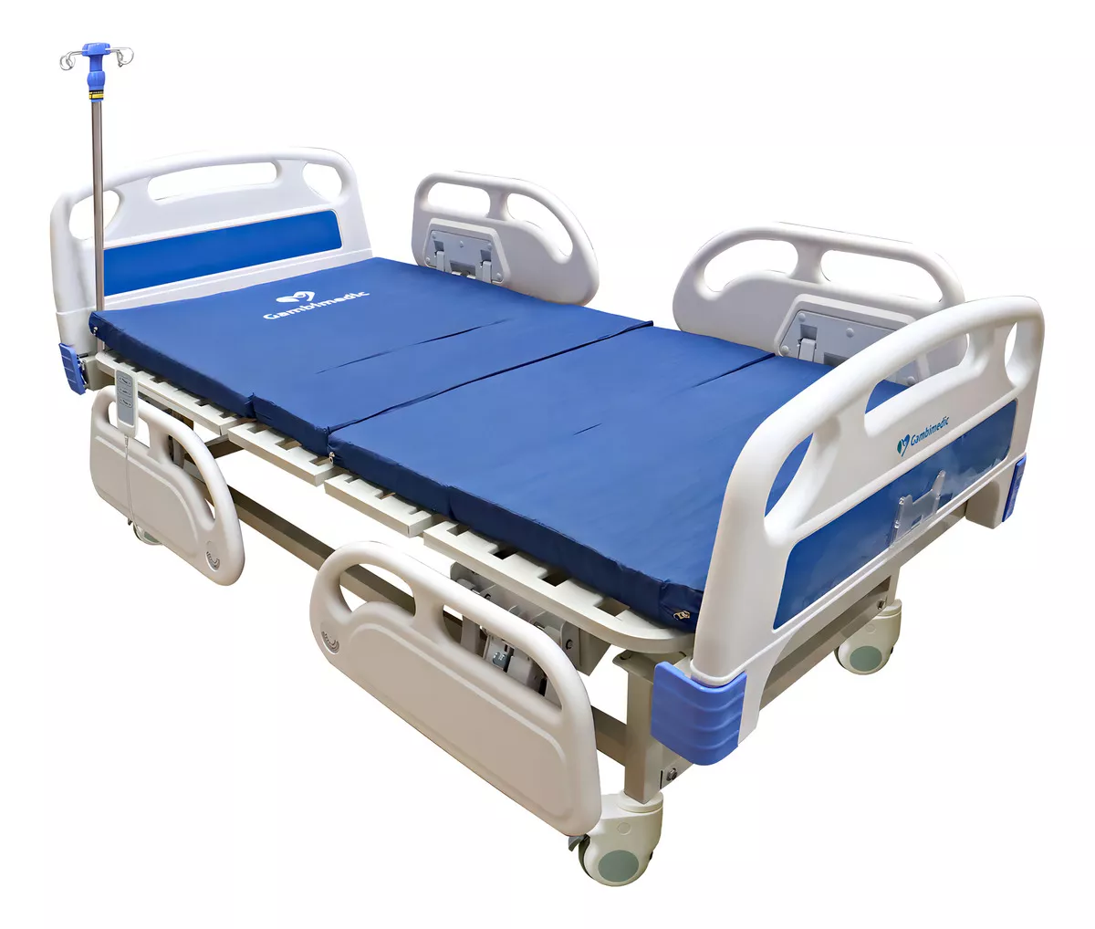 Gambimedic Cama Hospital Electrica 2 Funciones Lujo Barandales Incluye Colchon Y Portasuero Ruedas Con Freno Control Electrico