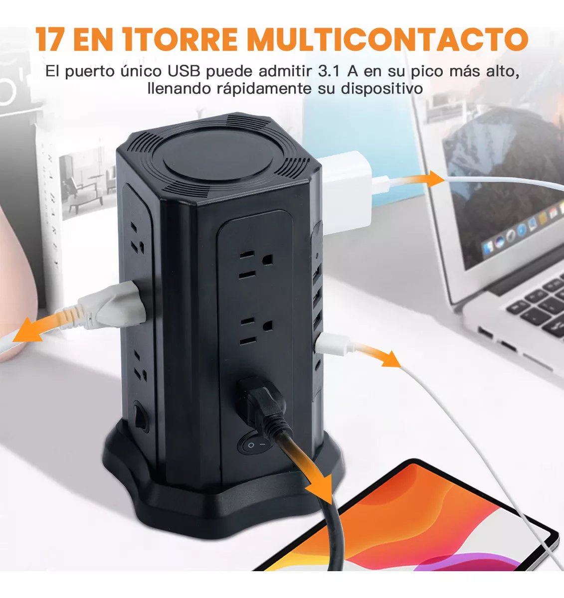 Enchufe Multicontacto Protección Contra Sobrecarga 17 Hoyos Negro
