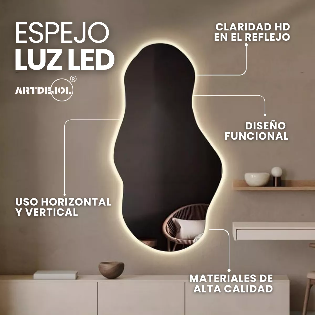 Espejo Irregular Amorfo 60 X 100 Con Led Touch Sala Elegante
