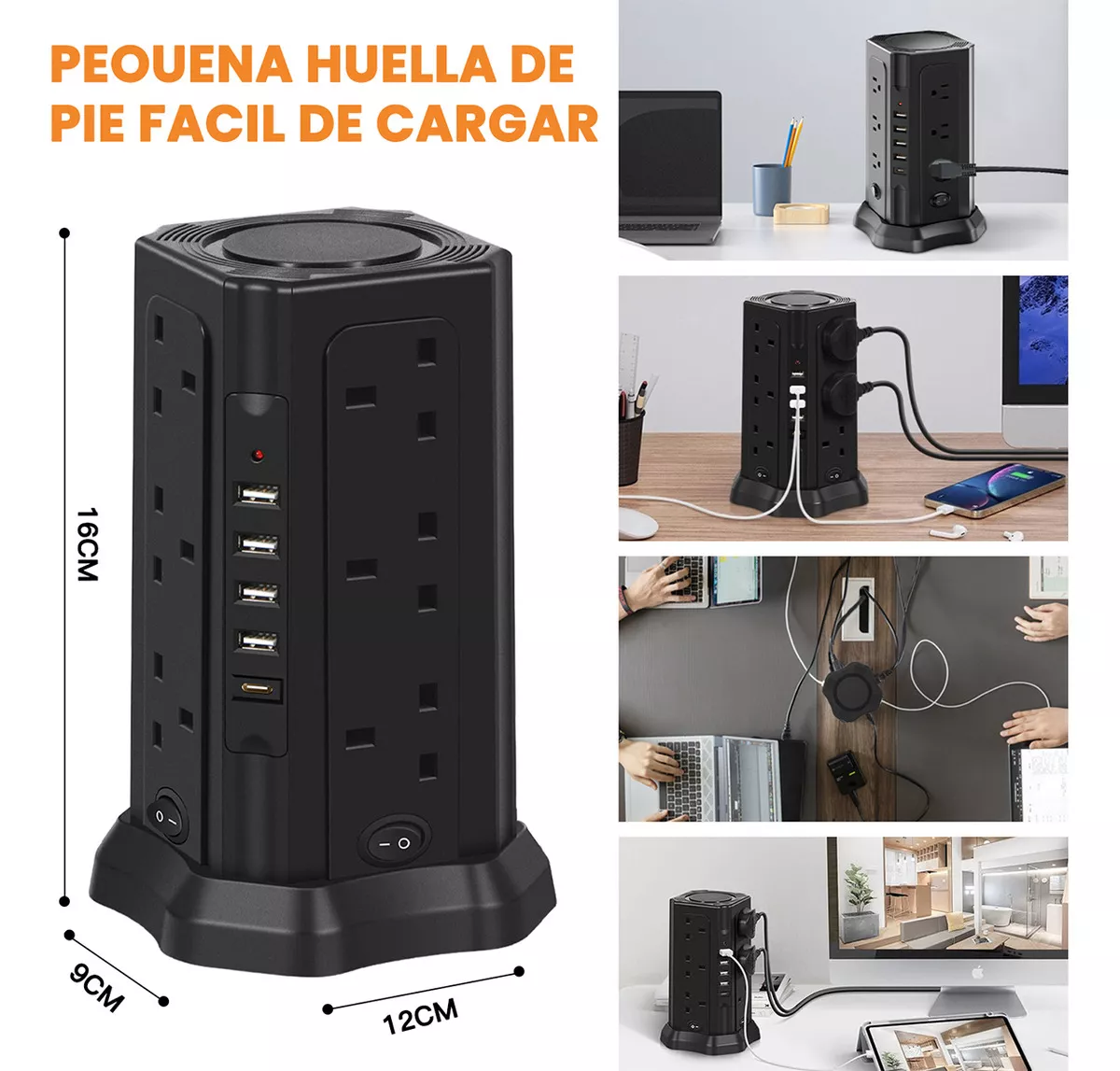 Enchufe Multicontacto Protección Contra Sobrecarga 17 Hoyos Negro