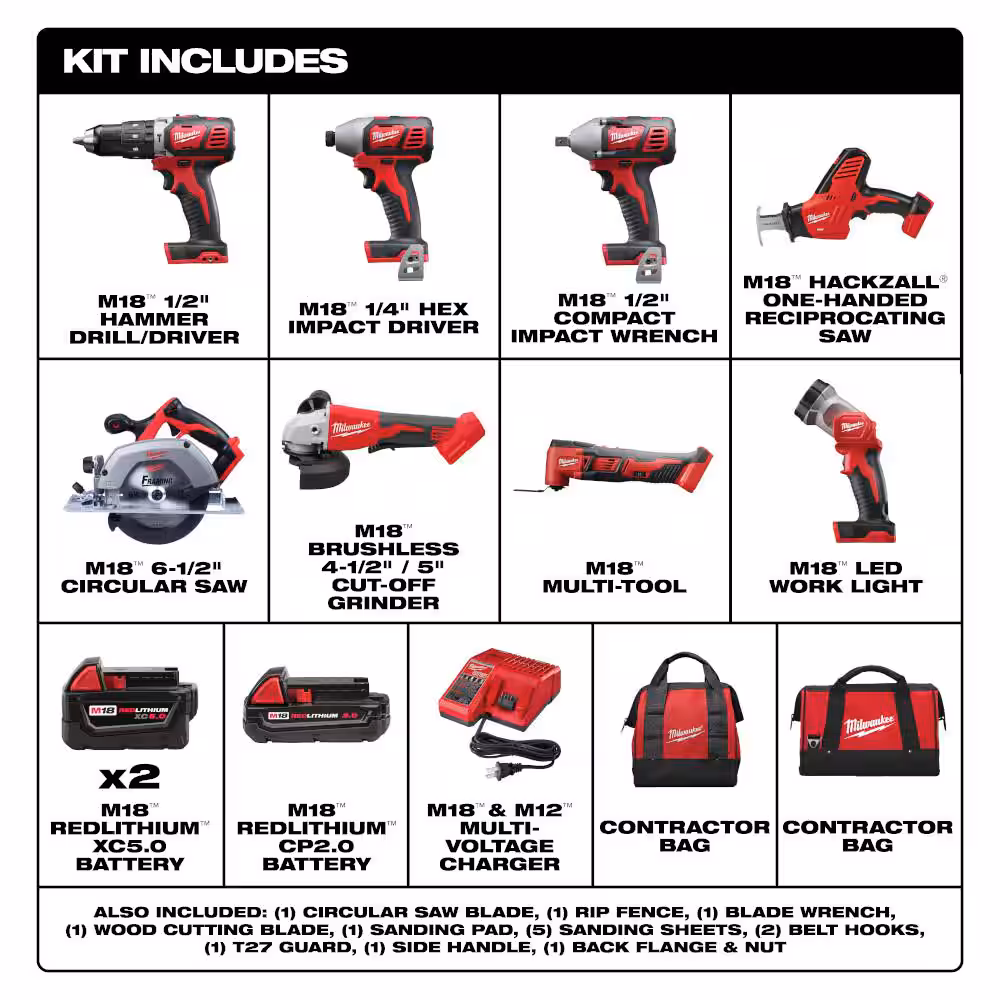 Milwaukee M18 18V Lithium-Ion Cordless Combo Kit (8-Tool) with (3) Batteries, Charger and (2) Tool Bags 2696-28