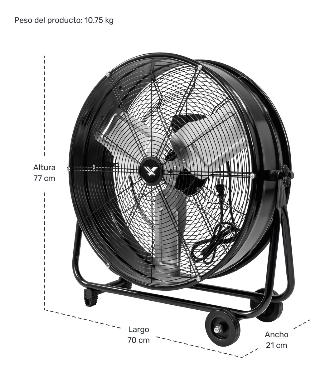 Ventilador Industrial Metalico Piso 180w 2 Velocidades 30' Cantidad de aspas 3 Estructura Negro Aspas plateadas Diámetro 67 cm Frecuencia 60 Hz Material de las aspas Metal