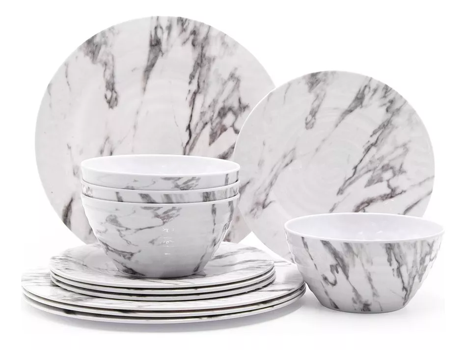 Vajilla de Melamina Moderna para 4 Personas (12 Pz): Plato Hondo, Ensaladera y Plato Trinche. Resistente a Caídas y Altas Temperaturas, Apta para Lavavajillas, No Microondas.