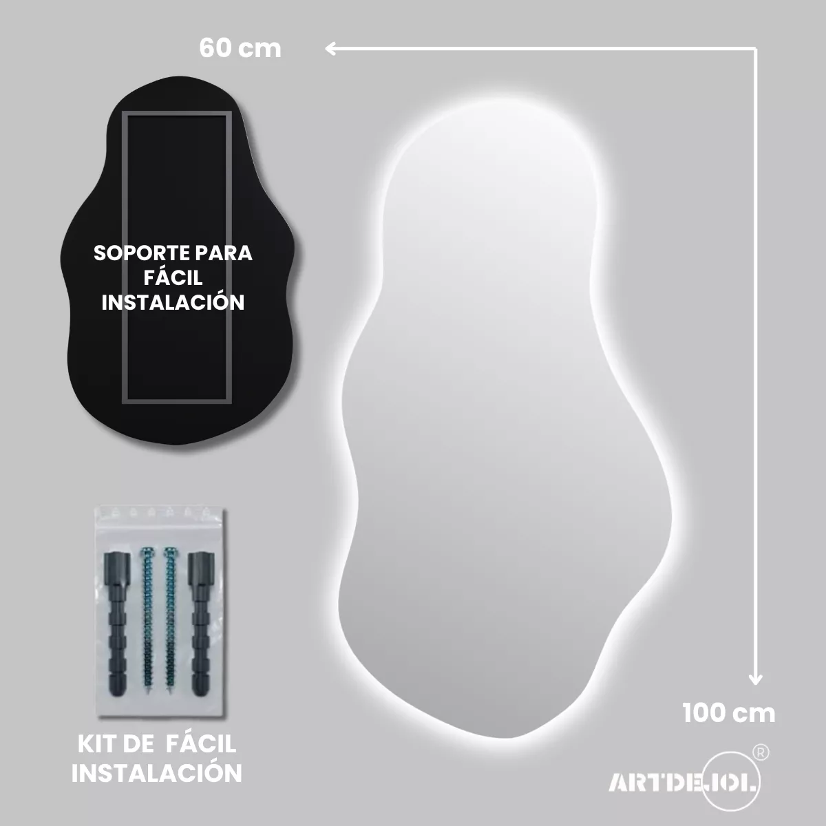 Espejo Irregular Amorfo 60 X 100 Con Led Touch Sala Elegante