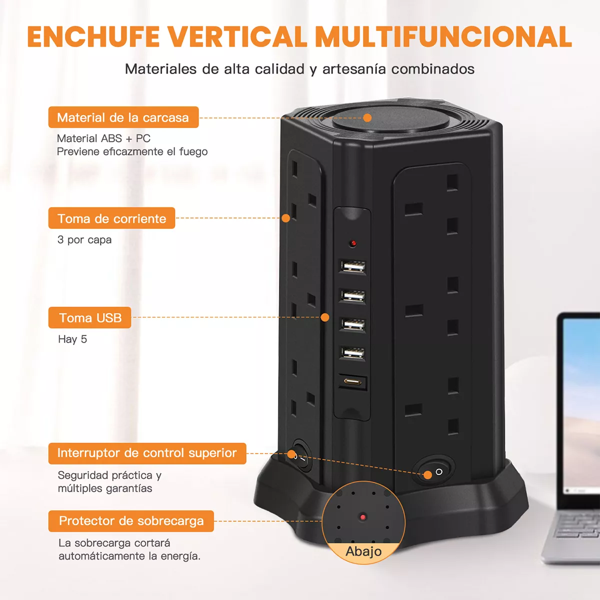 Enchufe Multicontacto Protección Contra Sobrecarga 17 Hoyos Negro
