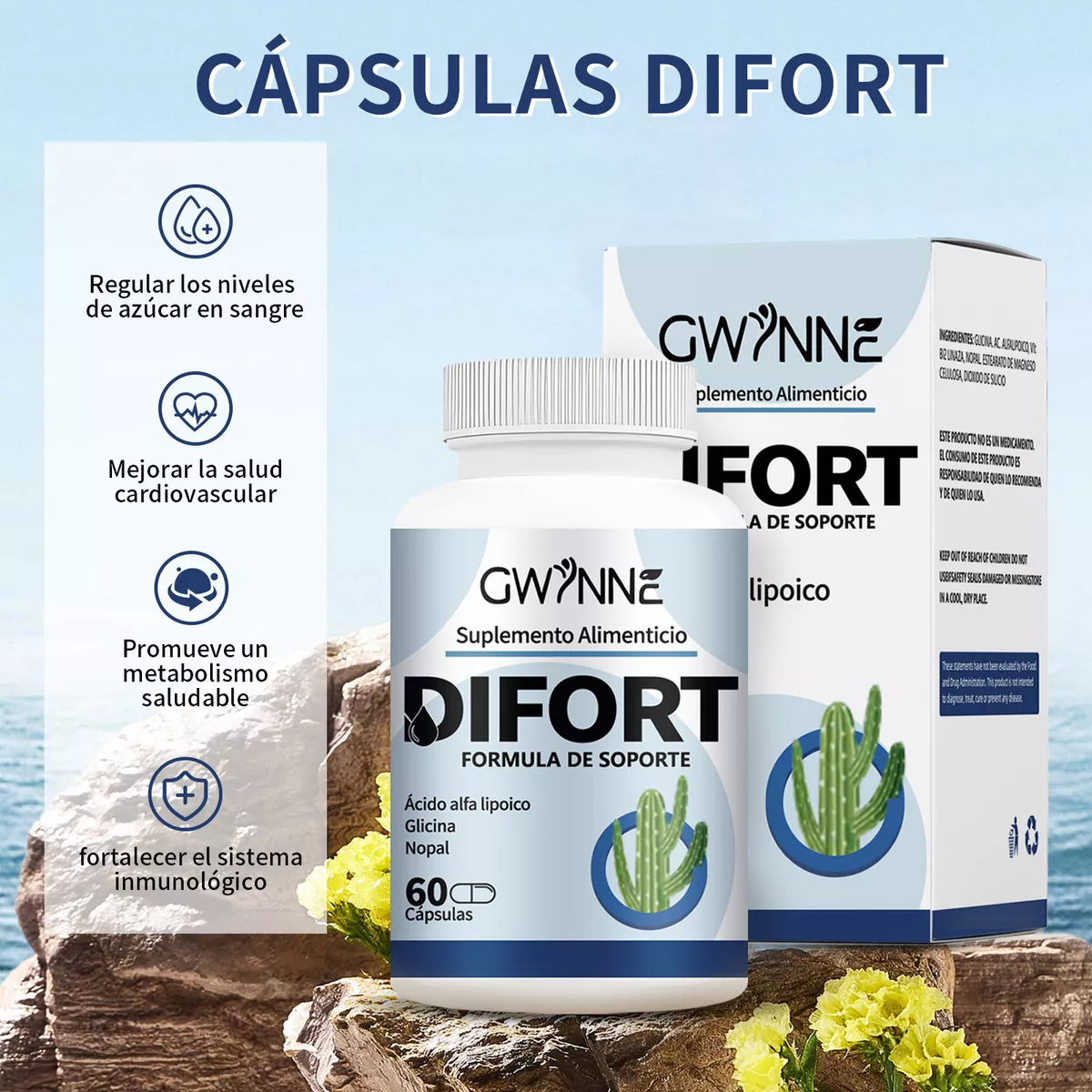 Gwynne Difort, Calmante, Reduce El Azúcar En La Sangre,life Extension 60 Cápsulas 2pcs