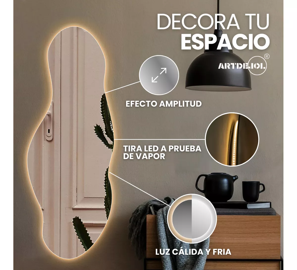 Espejo Irregular Amorfo 60 X 100 Con Led Touch Sala Elegante