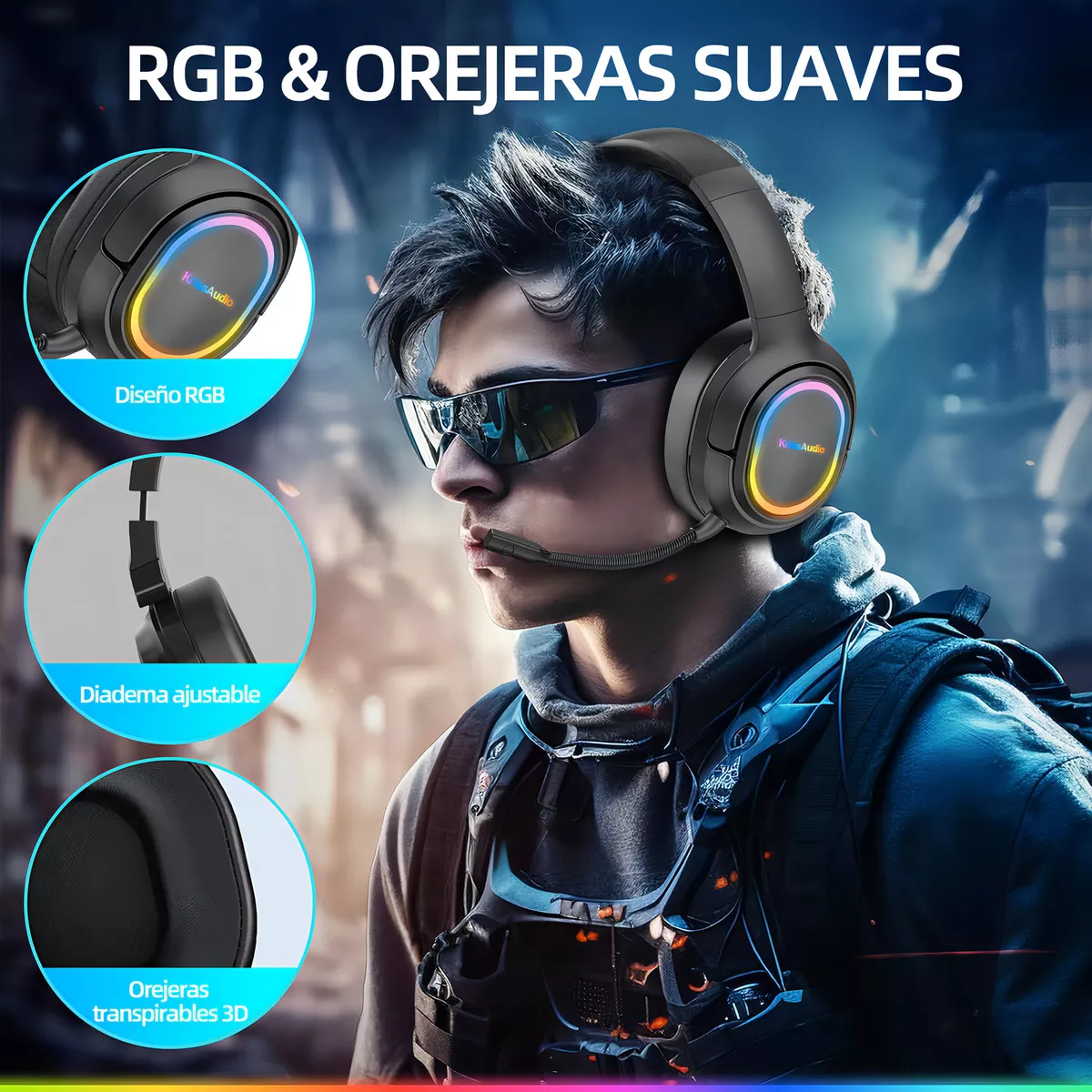Audífonos Inalámbricos Diadema Bluetooth Gamer Headset KRIOS Bk3 Con Micrófono Luz Led Manos Libres Para Xbox Ps4 Pc