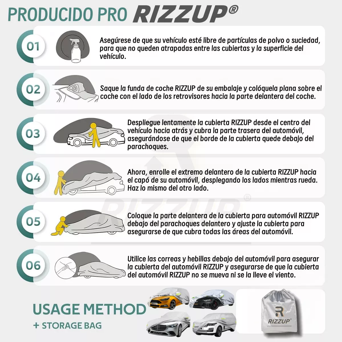 Rizzup® 4.15m Cubierta Funda Protector Hatchback Para Carro Sedán Pequeño Anti Polvo Sol Viento Lluvia Reflejante Para Automovil Coche Cubre Carro 100% Impermeable