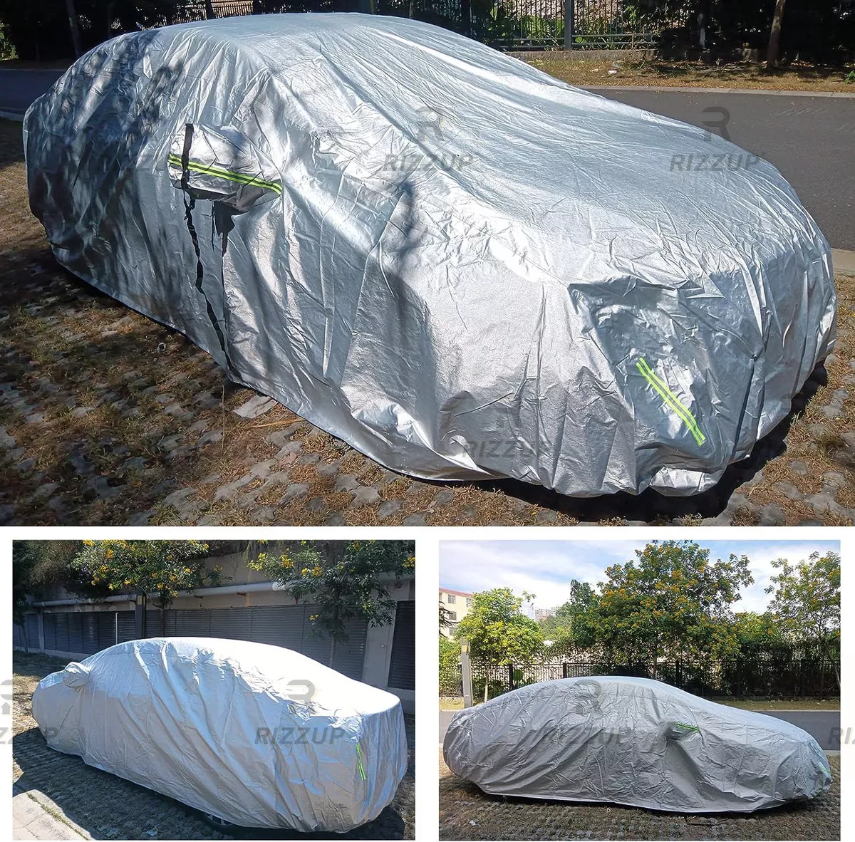 Rizzup® 4.15m Cubierta Funda Protector Hatchback Para Carro Sedán Pequeño Anti Polvo Sol Viento Lluvia Reflejante Para Automovil Coche Cubre Carro 100% Impermeable