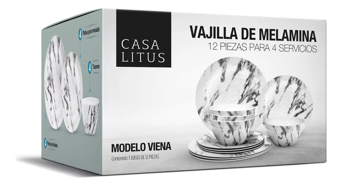 Vajilla de Melamina Moderna para 4 Personas (12 Pz): Plato Hondo, Ensaladera y Plato Trinche. Resistente a Caídas y Altas Temperaturas, Apta para Lavavajillas, No Microondas.