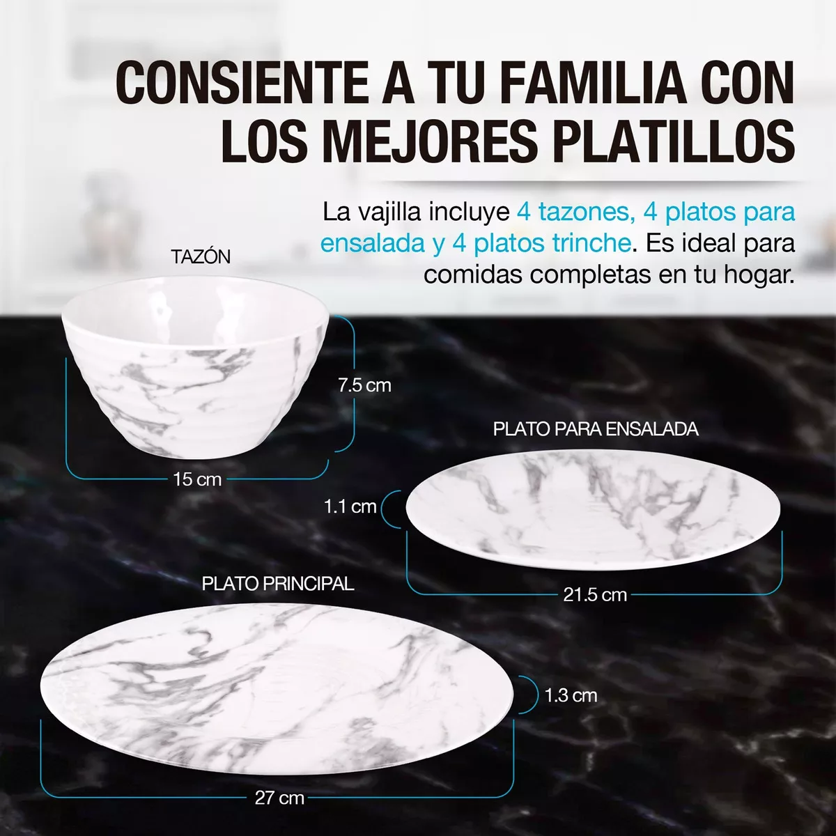 Vajilla de Melamina Moderna para 4 Personas (12 Pz): Plato Hondo, Ensaladera y Plato Trinche. Resistente a Caídas y Altas Temperaturas, Apta para Lavavajillas, No Microondas.
