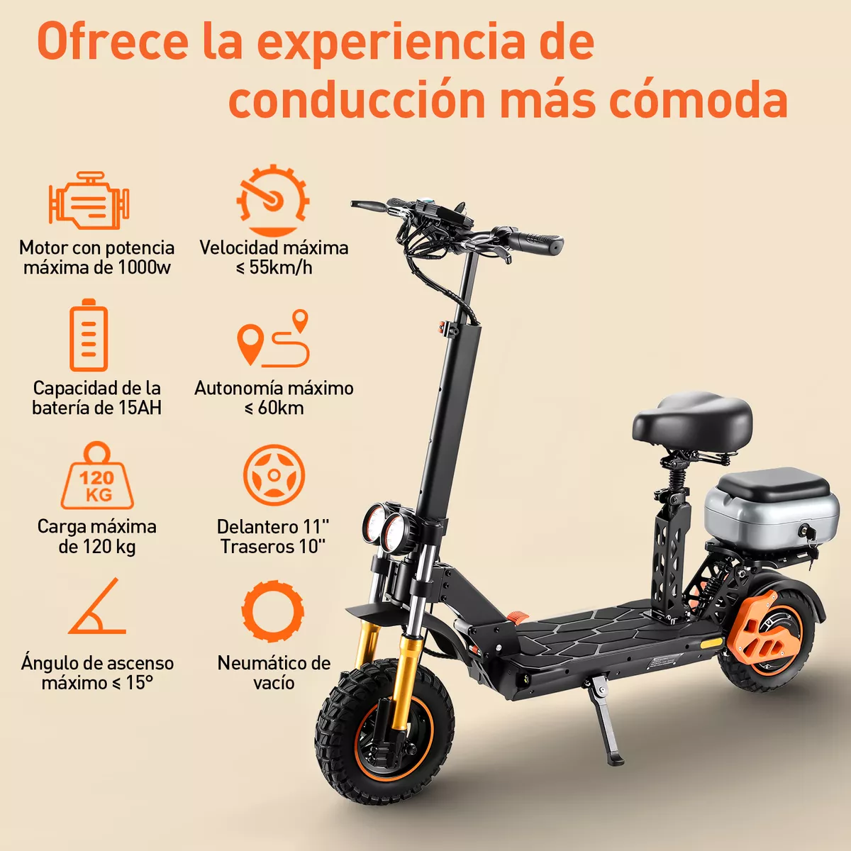 Scooter Eléctrico H3 Honey Whale C/asiento 1000w 55km/h