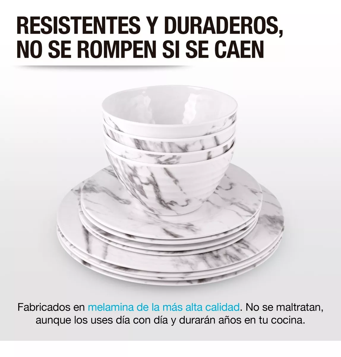 Vajilla de Melamina Moderna para 4 Personas (12 Pz): Plato Hondo, Ensaladera y Plato Trinche. Resistente a Caídas y Altas Temperaturas, Apta para Lavavajillas, No Microondas.