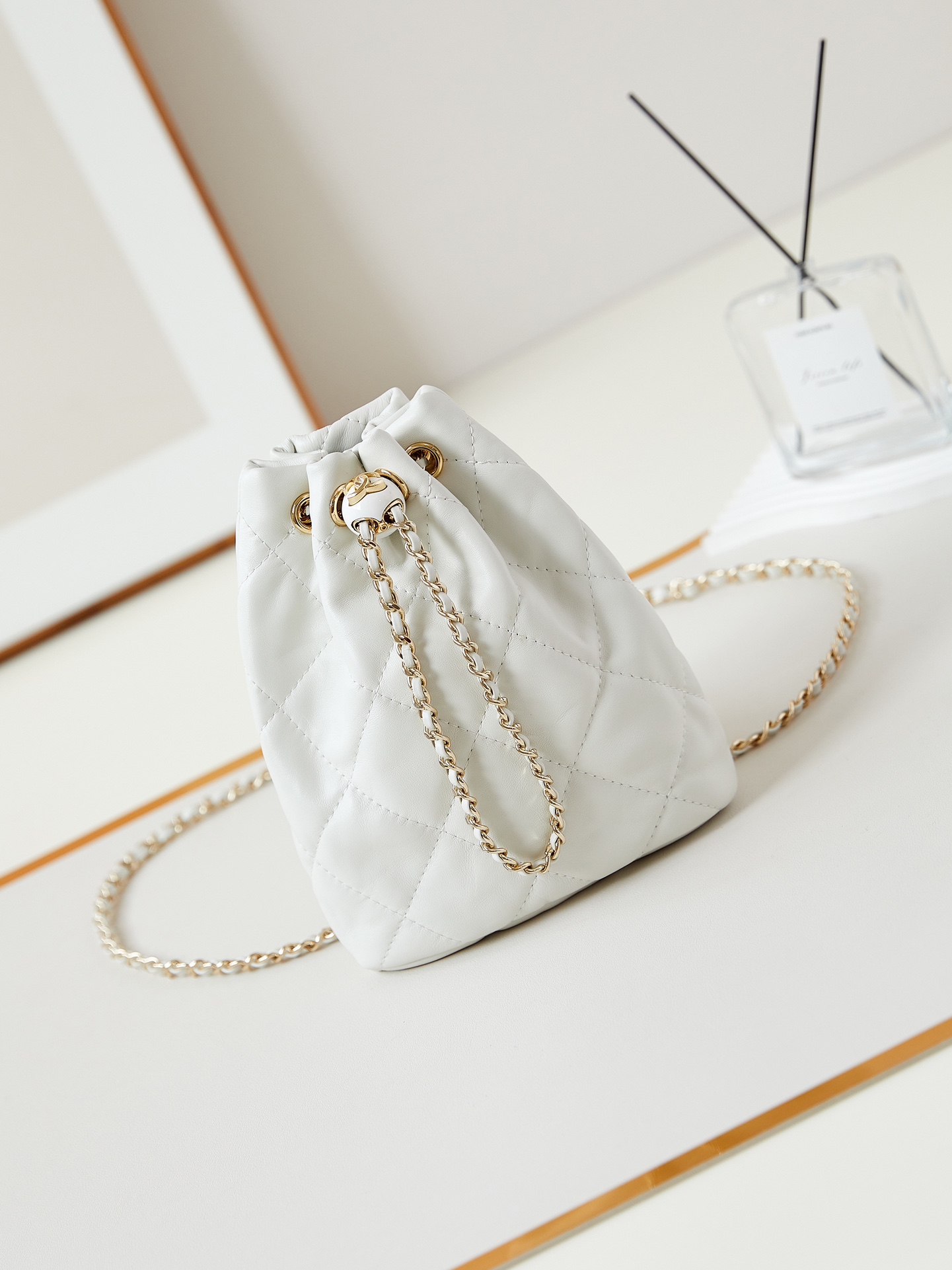 CHANEL Backpacks Shiny Lambskin & Gold-Tone Metal White-AS4810