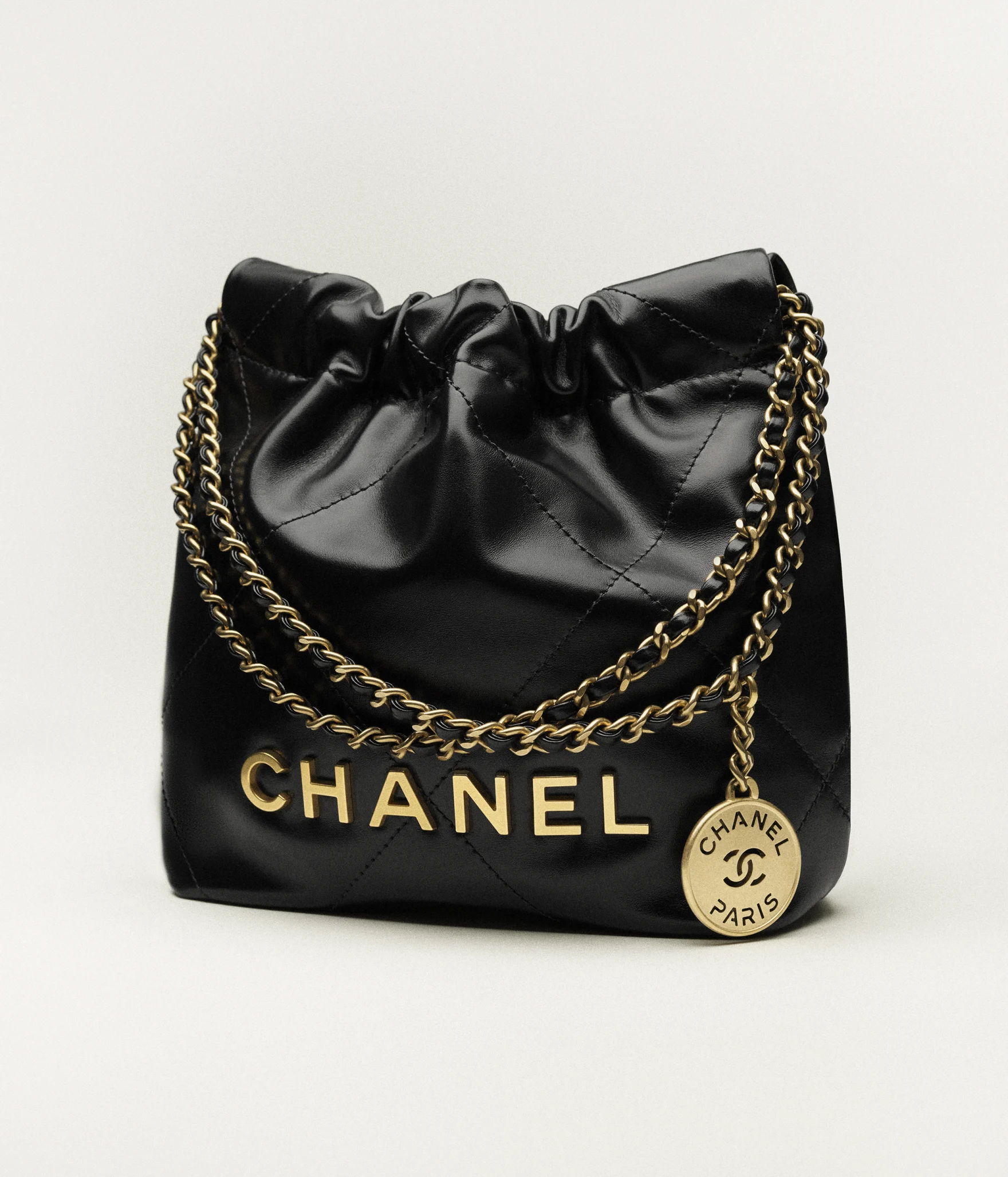 CHANEL 22 Mini Handbag Shiny Calfskin & Gold-Tone Metal Black AS3980