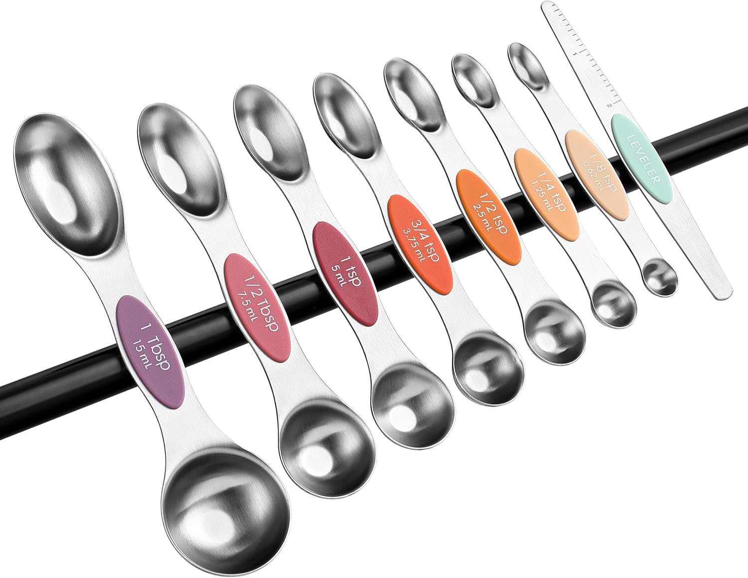 Spring Chef Magnetic Measuring Spoons Set with Strong N45 Magnets, Heavy Duty Stainless Steel Metal, Fits in Most Kitchen Spice Jars for Baking & Cooking, BPA Free, Black, Set of 8 with Leveler