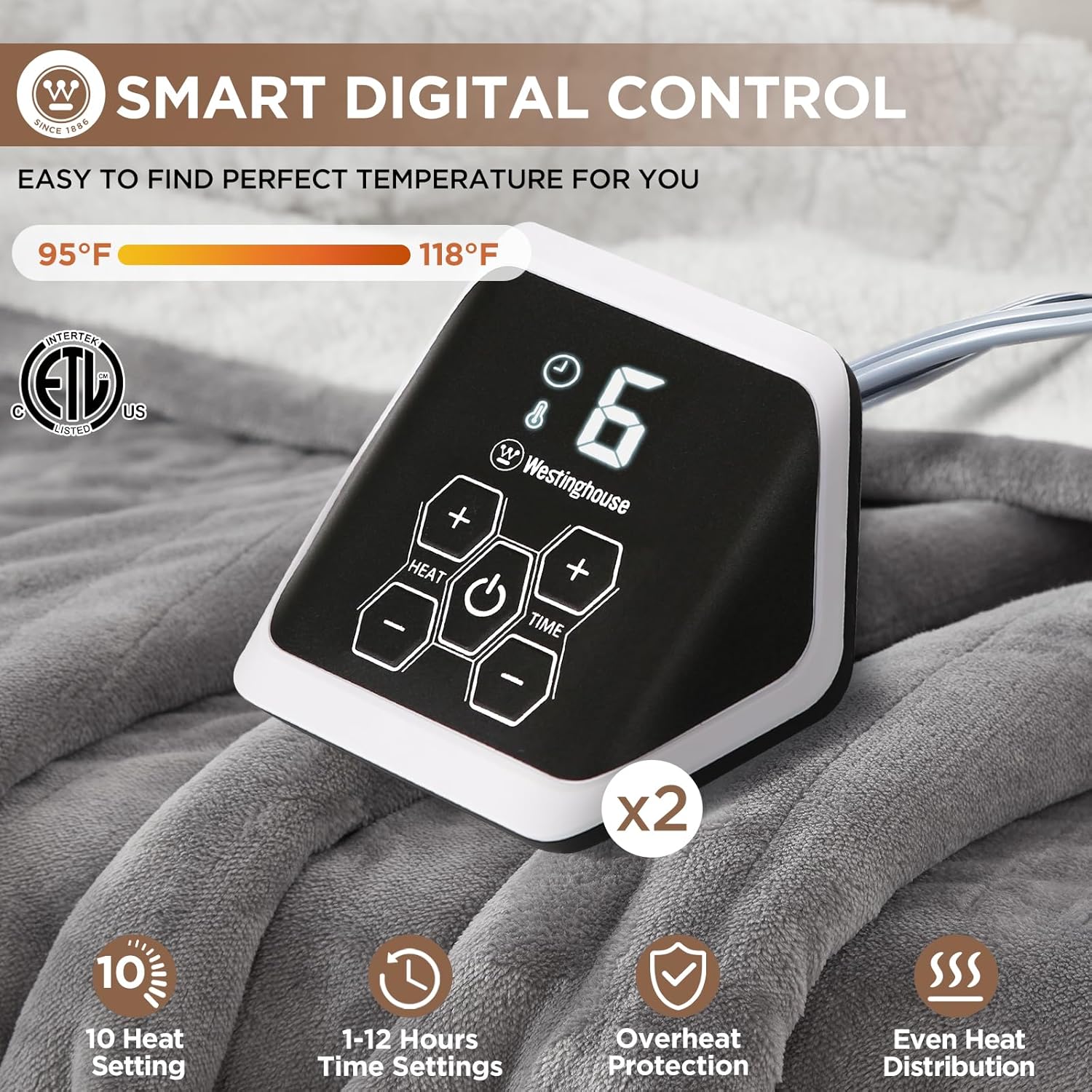 Westinghouse Heated Throw Blanket, Soft Flannel to Sherpa Electric Throw with 6 Heating Levels, 2-10 Hours Time Settings, Fast Heating, Machine Washable 50x60 Inch, Charcoal