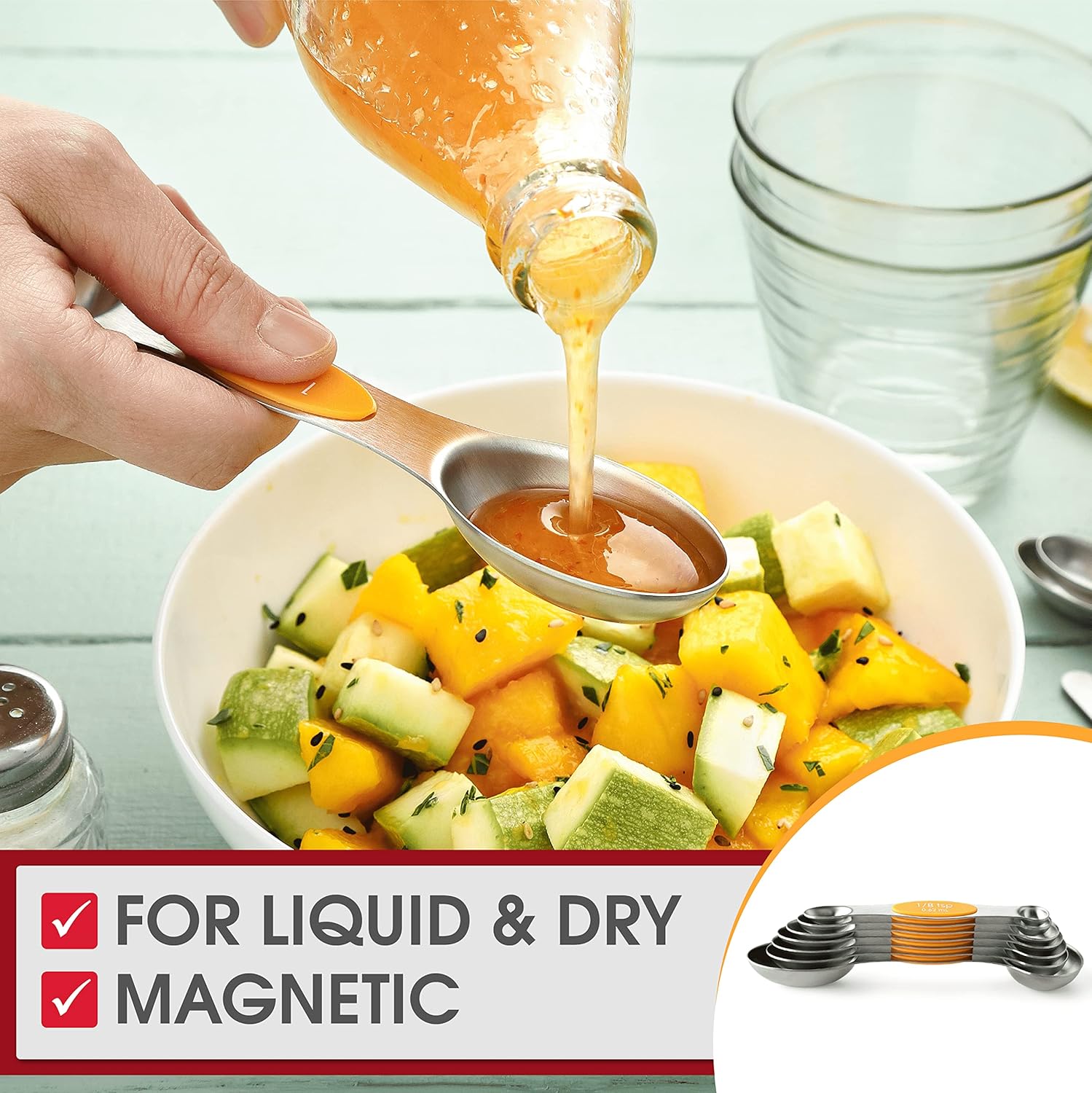 Spring Chef Magnetic Measuring Spoons Set with Strong N45 Magnets, Heavy Duty Stainless Steel Metal, Fits in Most Kitchen Spice Jars for Baking & Cooking, BPA Free, Black, Set of 8 with Leveler