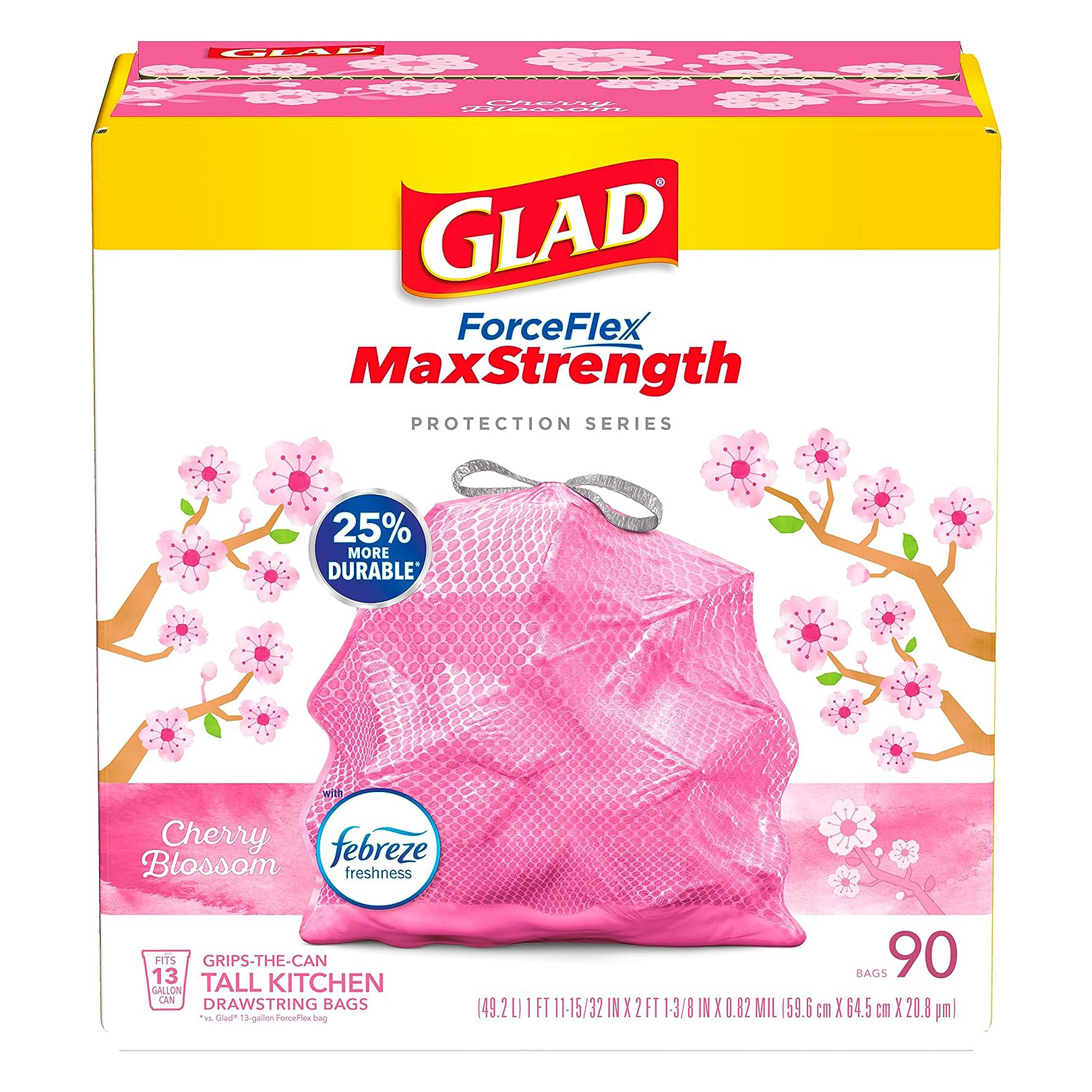 Glad ForceFlex MaxStrength Tall Kitchen Drawstring Trash Bags, 13 Gallon, Cherry Blossom with Febreze Freshness, 90 Count