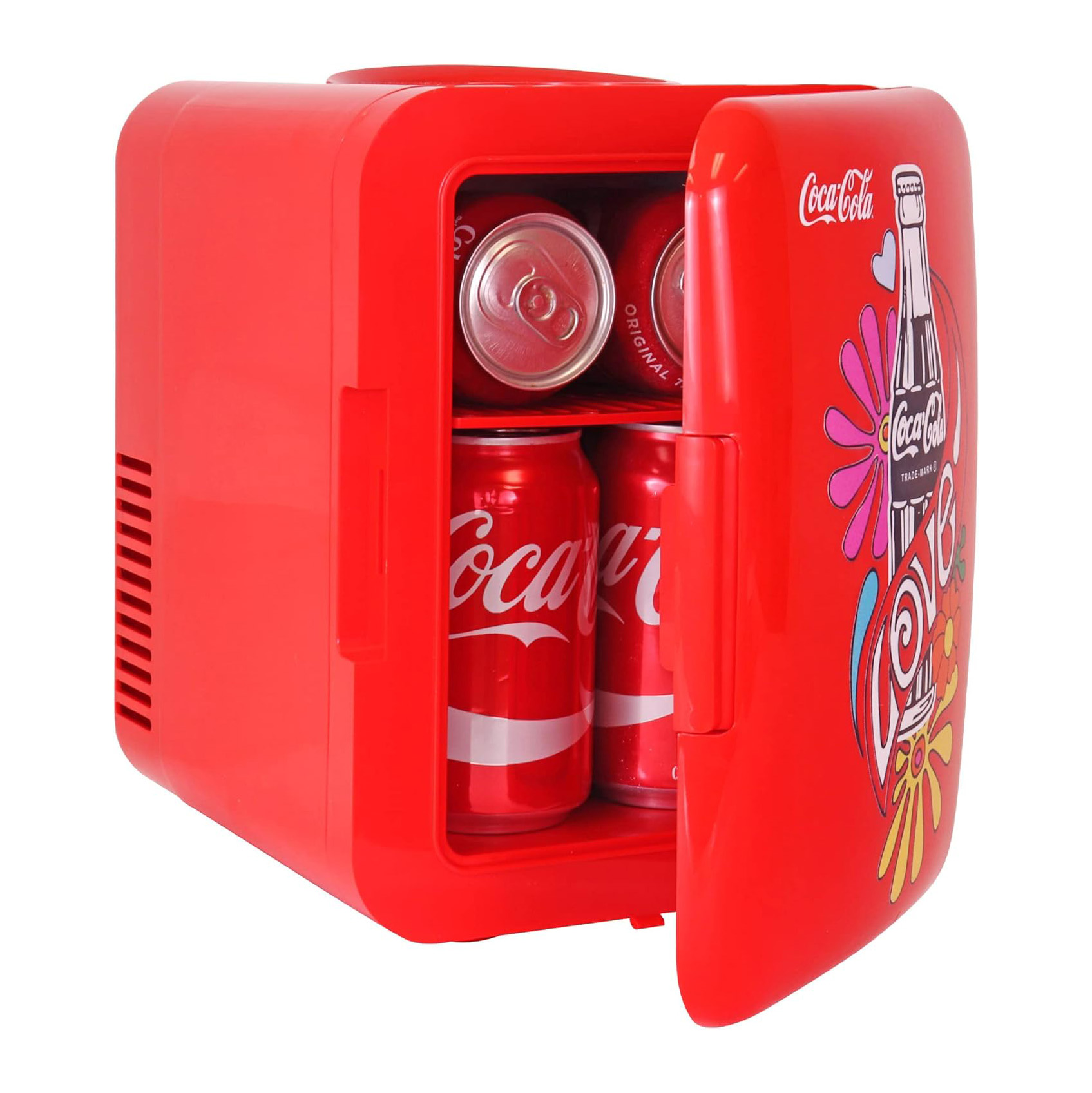 Coca-Cola Classic Coke Bottle 4L Mini Fridge w/ 12V DC and 110V AC Cords, 6 Can Portable Cooler, Personal Travel Refrigerator for Snacks Lunch Drinks Cosmetics, Desk Home Office Dorm, Red