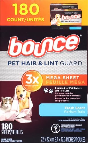 Bounce Pet Hair and Lint Guard Mega Fabric Softener Dryer Sheets with 3X Pet Hair Fighters, Fresh Scent, 180 Count, Bounce Dryer Sheets, Pet Hair Remover for Laundry