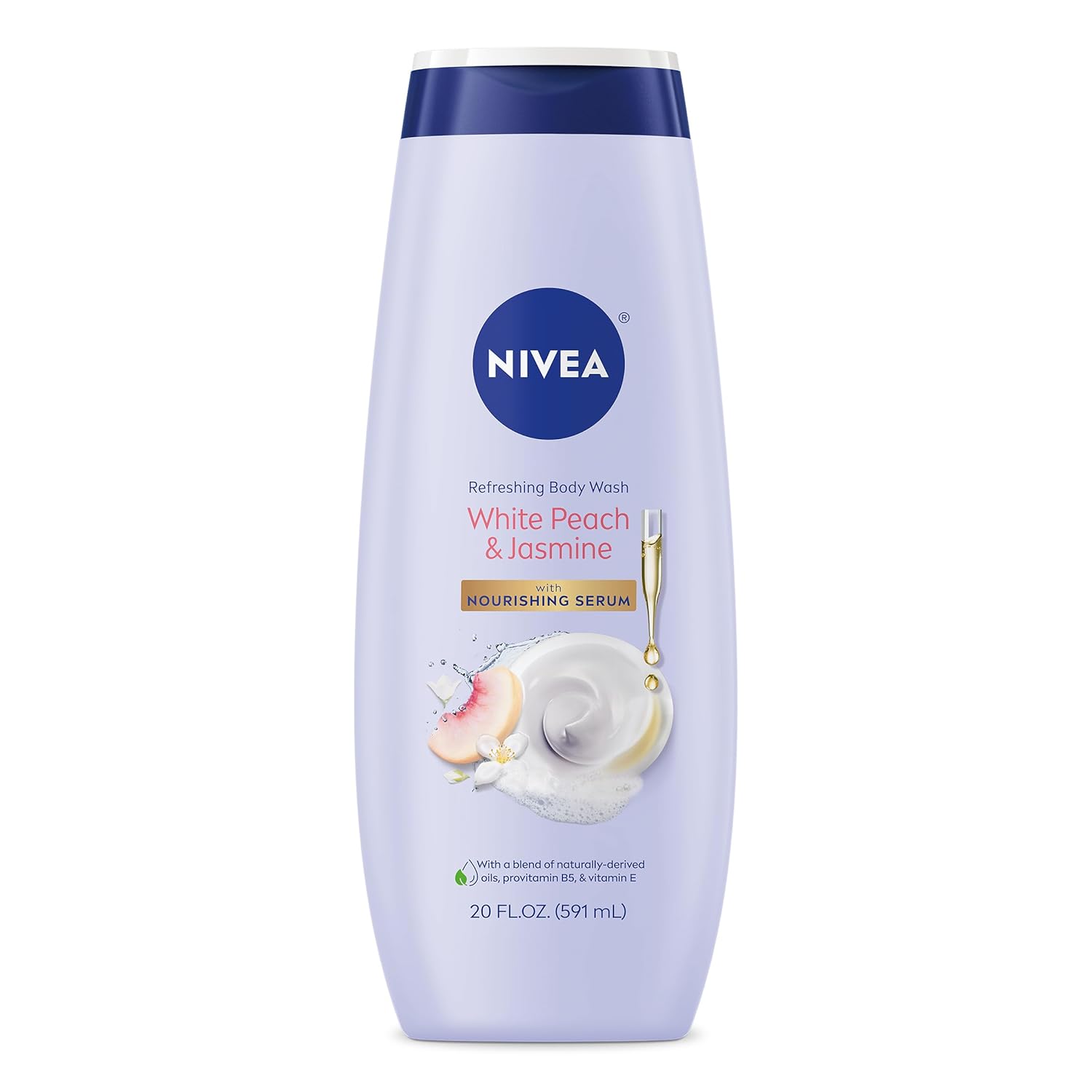 NIVEA Refreshing White Peach and Jasmine Body Wash, Scented Body Wash with Nourishing Serum, Plant-Derived Oils, Essential Skin Lipids and Vitamins, 20 Fl Oz Bottle