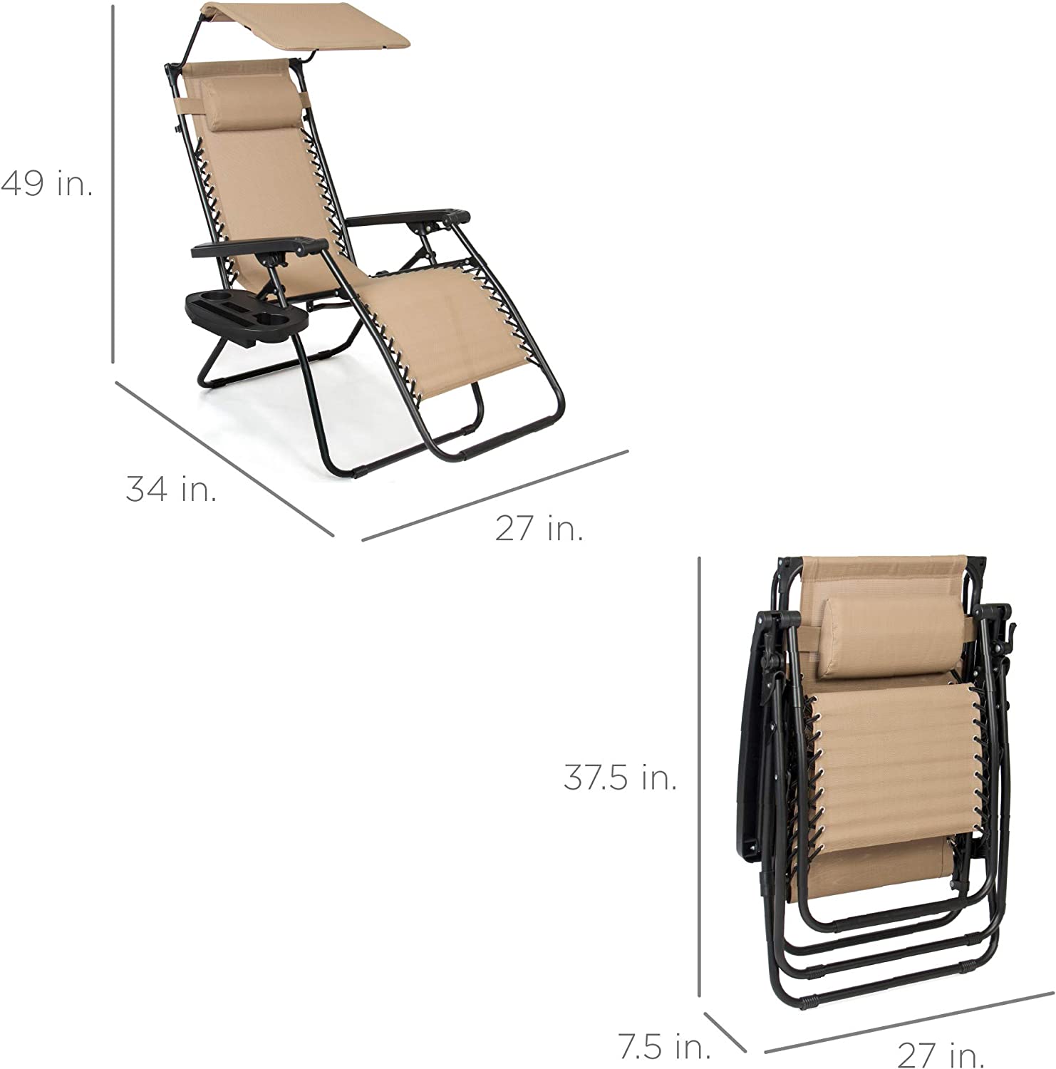 Folding Zero Gravity Outdoor Recliner Patio Lounge Chair w/Adjustable Canopy Shade, Headrest, Side Accessory Tray, Textilene Mesh - Beige