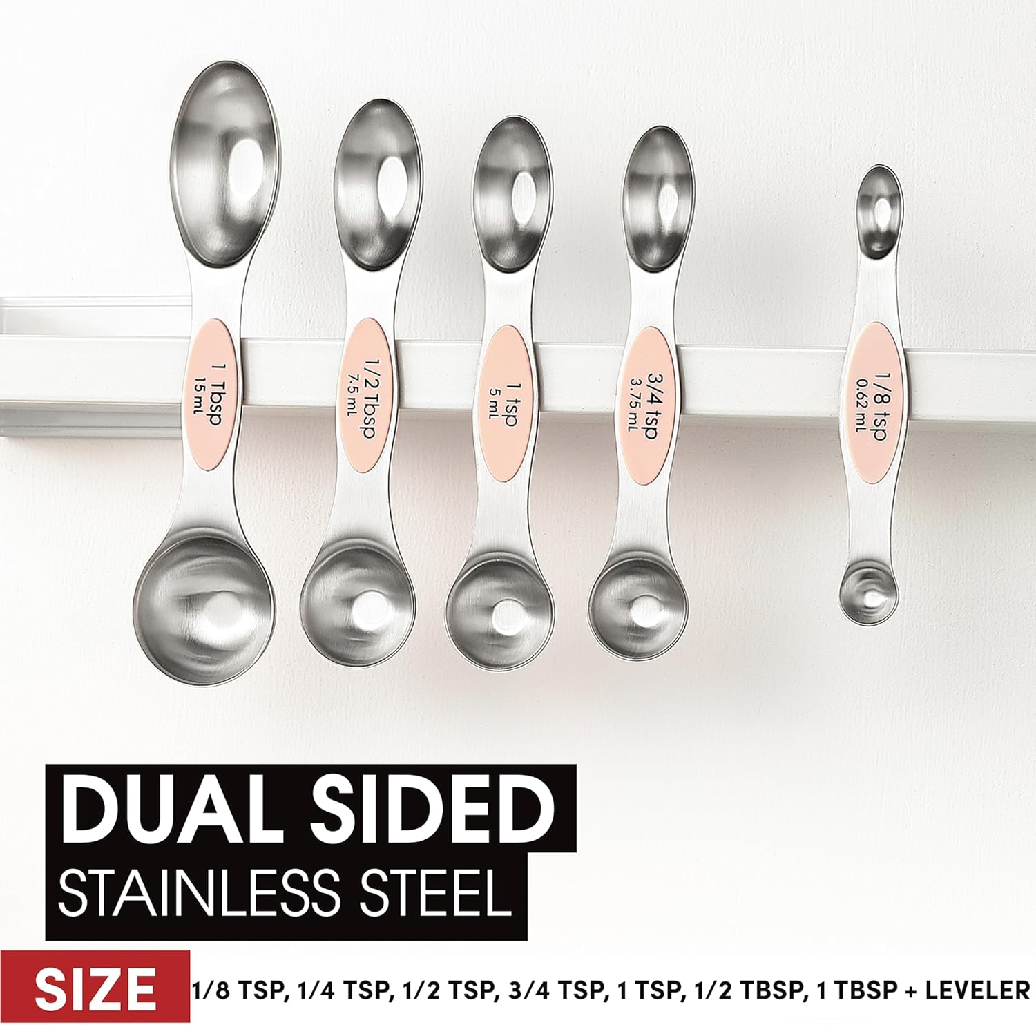 Spring Chef Magnetic Measuring Spoons Set with Strong N45 Magnets, Heavy Duty Stainless Steel Metal, Fits in Most Kitchen Spice Jars for Baking & Cooking, BPA Free, Black, Set of 8 with Leveler