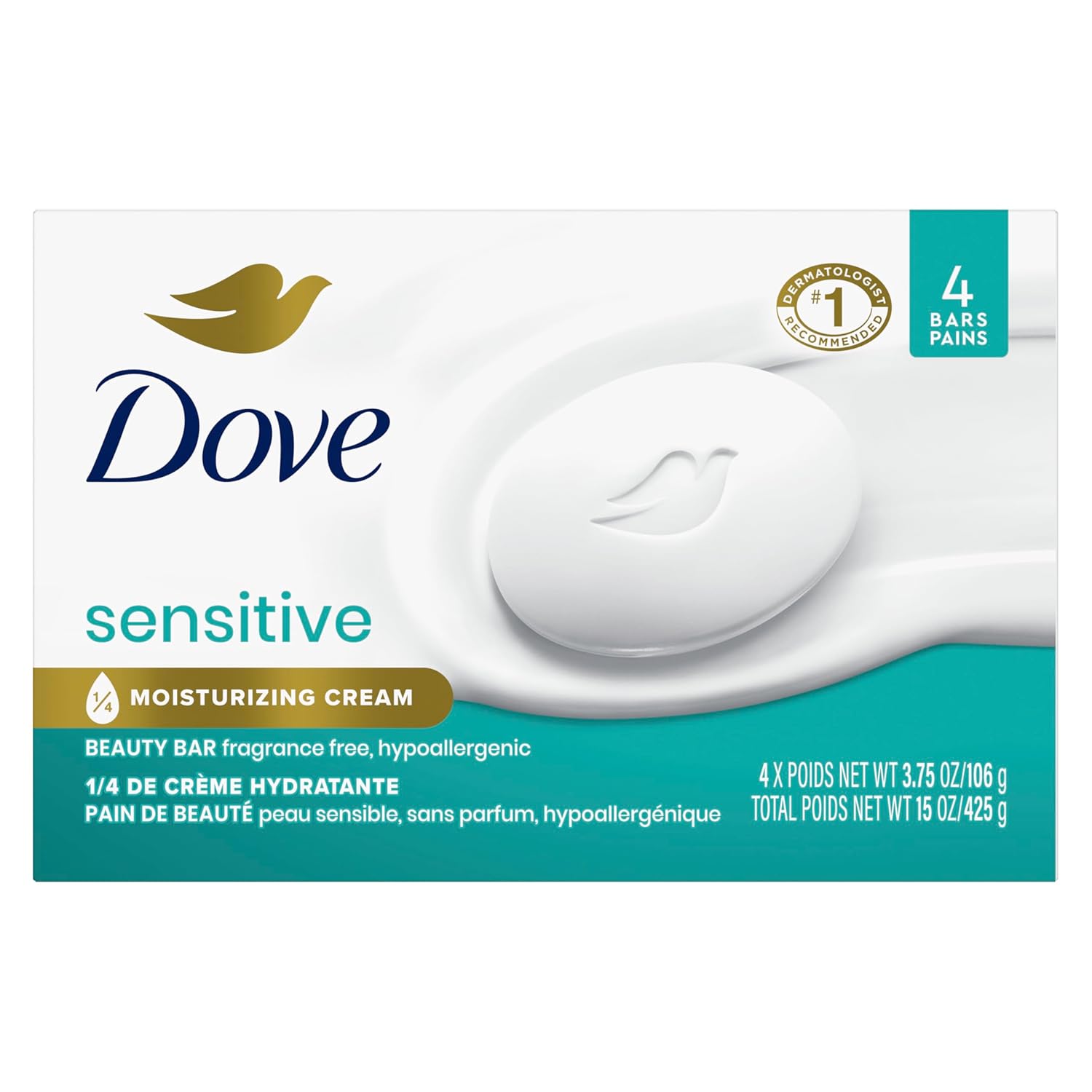 Dove Beauty Bar More Moisturizing Than Bar Soap for Softer Skin, Fragrance-Free, Hypoallergenic Beauty Bar Sensitive Skin With Gentle Cleanser 3.75 oz 14 Bars