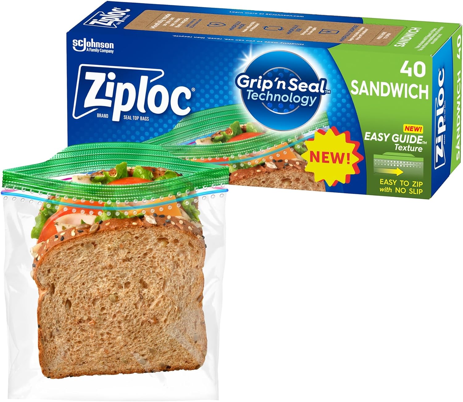 Ziploc Sandwich and Snack Bags with EasyGuide Texture, Plastic Storage Bags with Grip 'n Seal Technology, 280 Bags Total